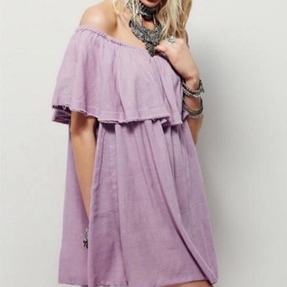 Free People Serafina Lilac Off the Shoulder Mini Dress Tie Back